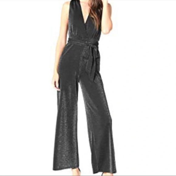 Anthropologie Greylin Black Shimmer Glitter Plunge Neck Wide Leg Jumpsuit Small - Picture 8 of 12